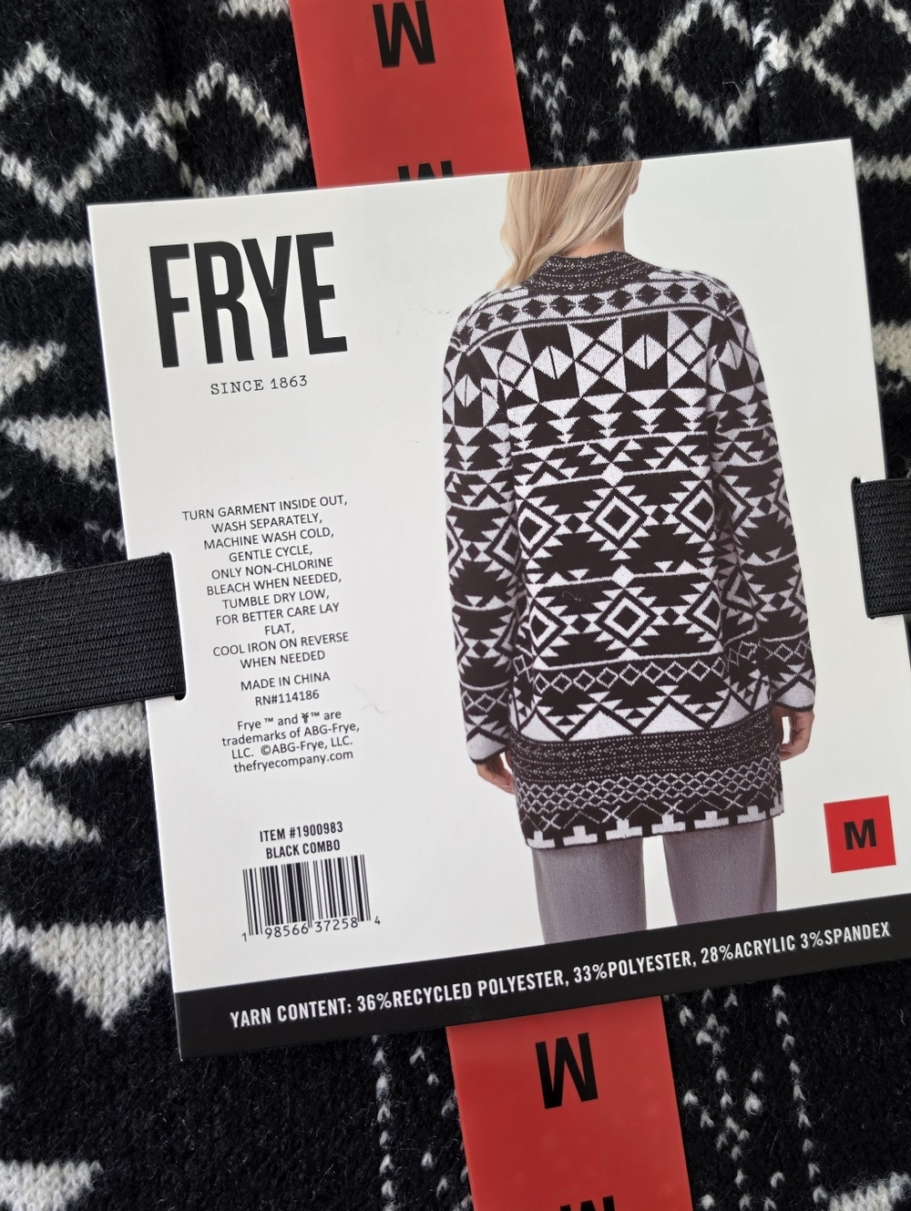 FRYE Cardigan Sweater Medium Women's Jacquard Patterned Black & White NWT - Picture 6 of 6